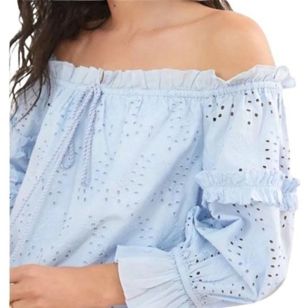 Anthropologie Jane Eyelet Lace Off Shoulder Top in Blue Size 2 NWT